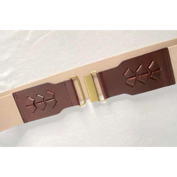 Beige Elastic Cinch Belt Brown Bonded Leather Ends Hook Buckle - Picture 1 of 9